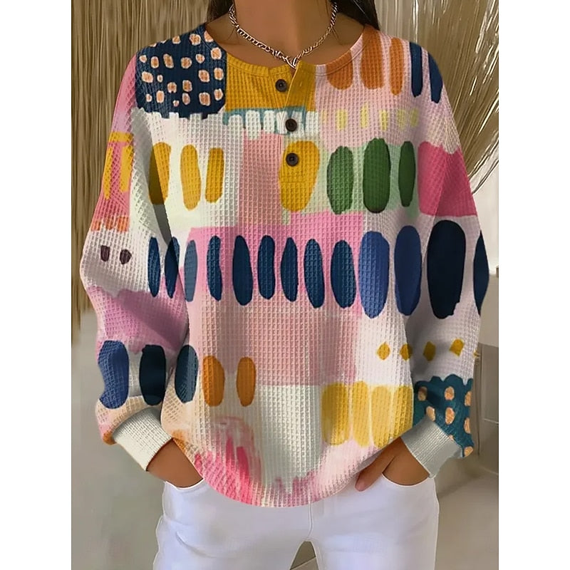 Women's Button-Neck Print Sweatshirt | Crew Neck Pullover - Pink