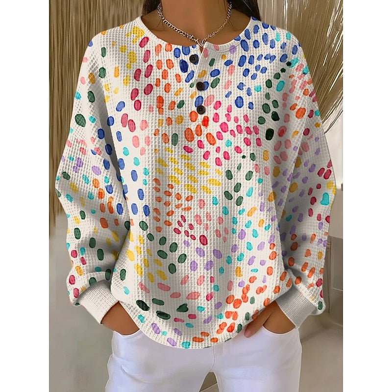 Women's Button-Neck Print Sweatshirt | Crew Neck Pullover - Yellow