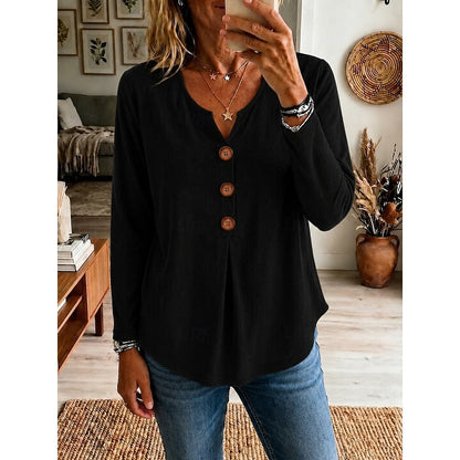 Women's Buttoned V-Neck Ribbed Top | Casual Tops - Black