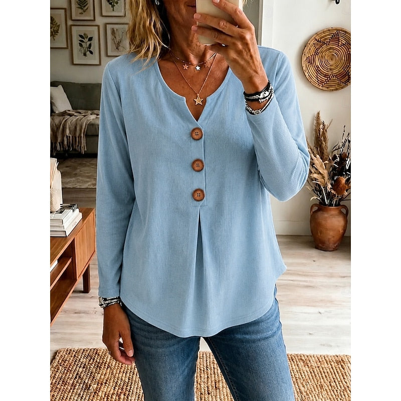 Women's Buttoned V-Neck Ribbed Top | Casual Tops - Blue
