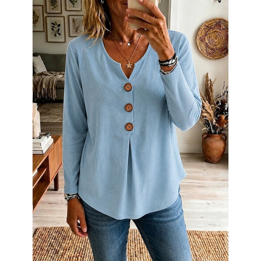 Women's Buttoned V-Neck Ribbed Top | Casual Tops - Blue