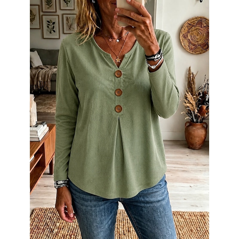 Women's Buttoned V-Neck Ribbed Top | Casual Tops - Green