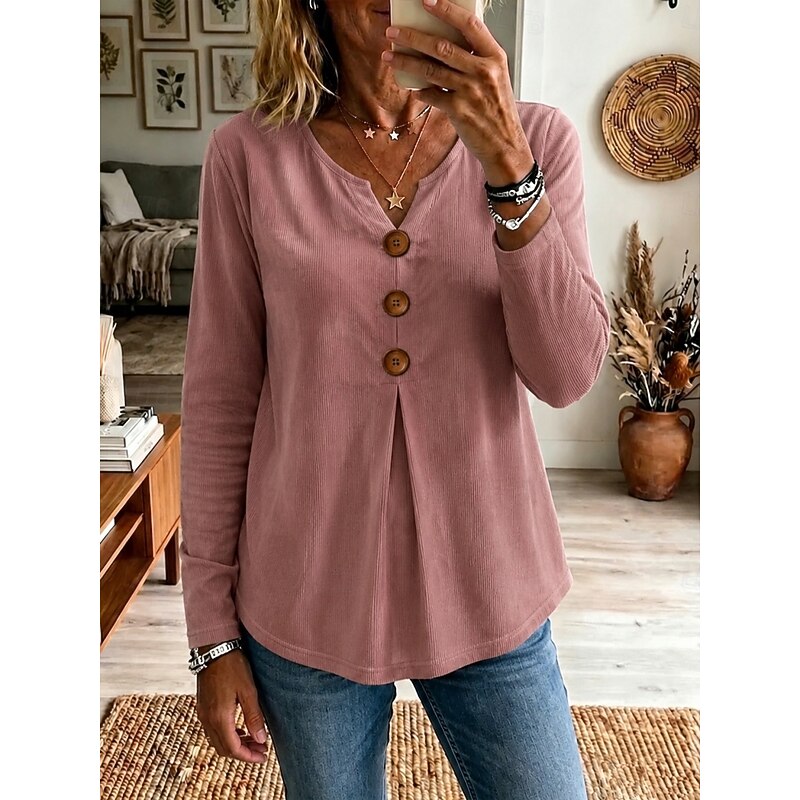 Women's Buttoned V-Neck Ribbed Top | Casual Tops - Pink