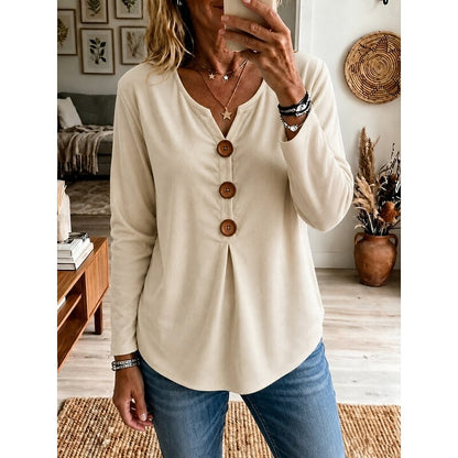 Women's Buttoned V-Neck Ribbed Top | Casual Tops - White