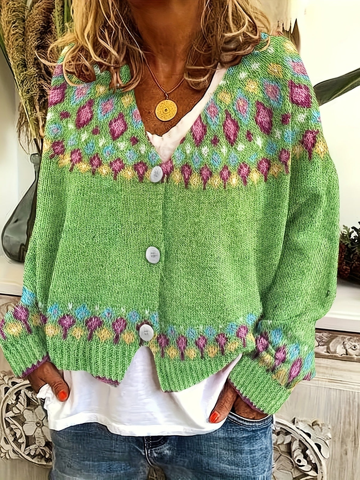 Women's Cardigan Sweater | Nordic Patterned Button-Front