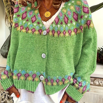 Women's Cardigan Sweater | Nordic Patterned Button-Front - Green