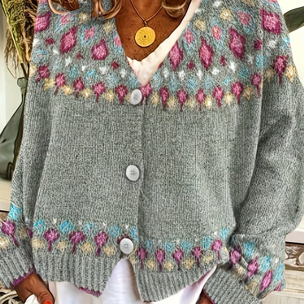 Women's Cardigan Sweater | Nordic Patterned Button-Front - Grey