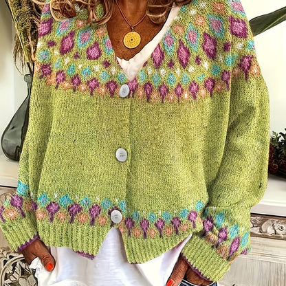 Women's Cardigan Sweater | Nordic Patterned Button-Front - Yellow Green