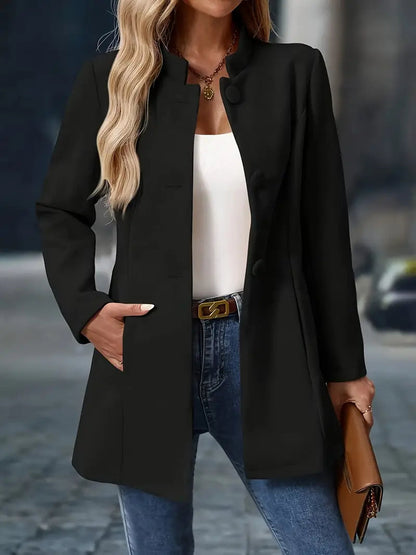 Women's Coats | Stand-Collar Button Coat with Tailored Fit - Black