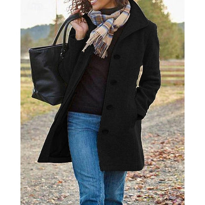 Women's Coats with Turndown Collar | Button-Front Tailored Coat - Black