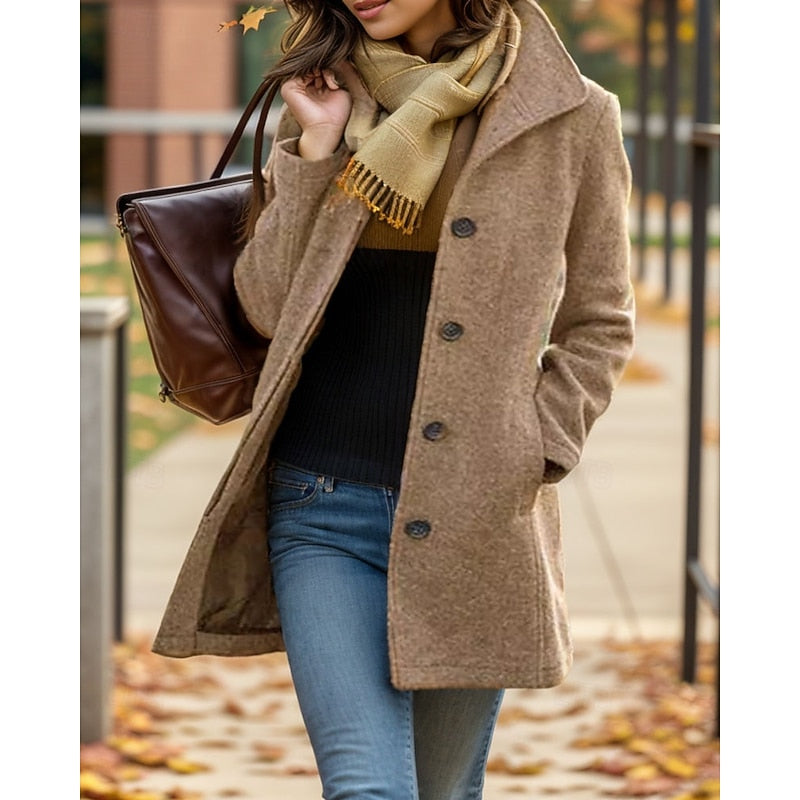 Women's Coats with Turndown Collar | Button-Front Tailored Coat - Khaki