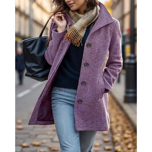 Women's Coats with Turndown Collar | Button-Front Tailored Coat - Purple