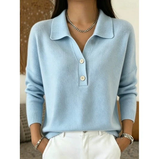 Women's Collared Button Pullover | Relaxed Knit Top - Blue