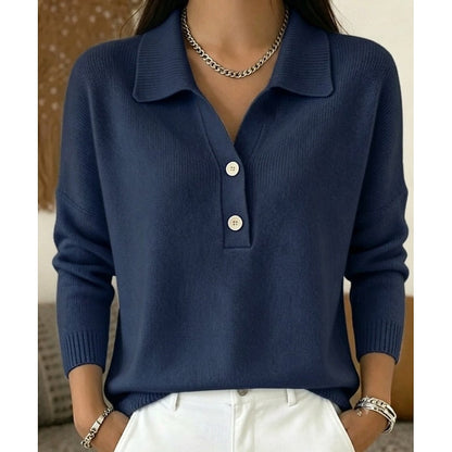 Women's Collared Button Pullover | Relaxed Knit Top - Dark Blue