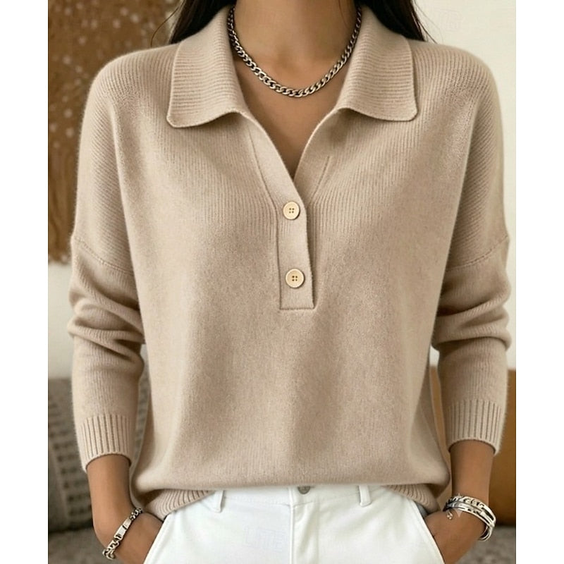 Women's Collared Button Pullover | Relaxed Knit Top - Khaki
