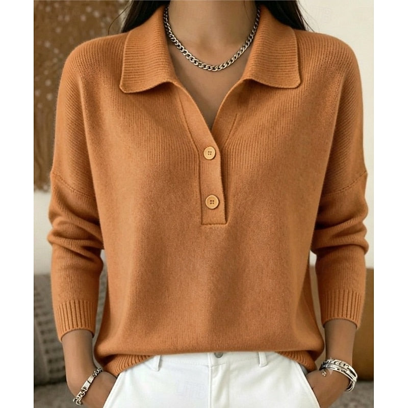 Women's Collared Button Pullover | Relaxed Knit Top - Light Brown