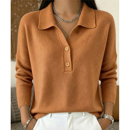 Women's Collared Button Pullover | Relaxed Knit Top - Light Brown