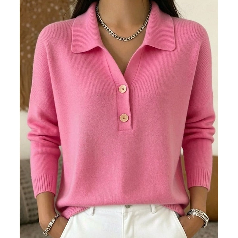 Women's Collared Button Pullover | Relaxed Knit Top - Pink