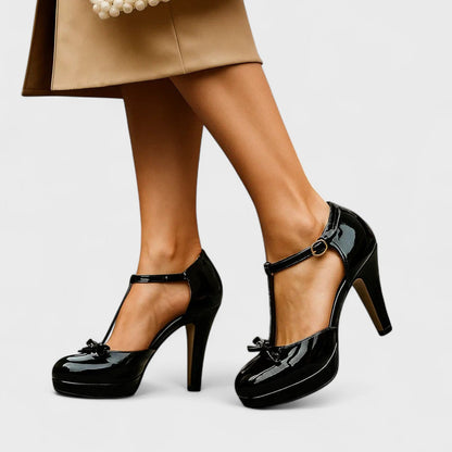 Women's Comfort Shoes | Elegant T-Strap Ankle Strap Heels - Black