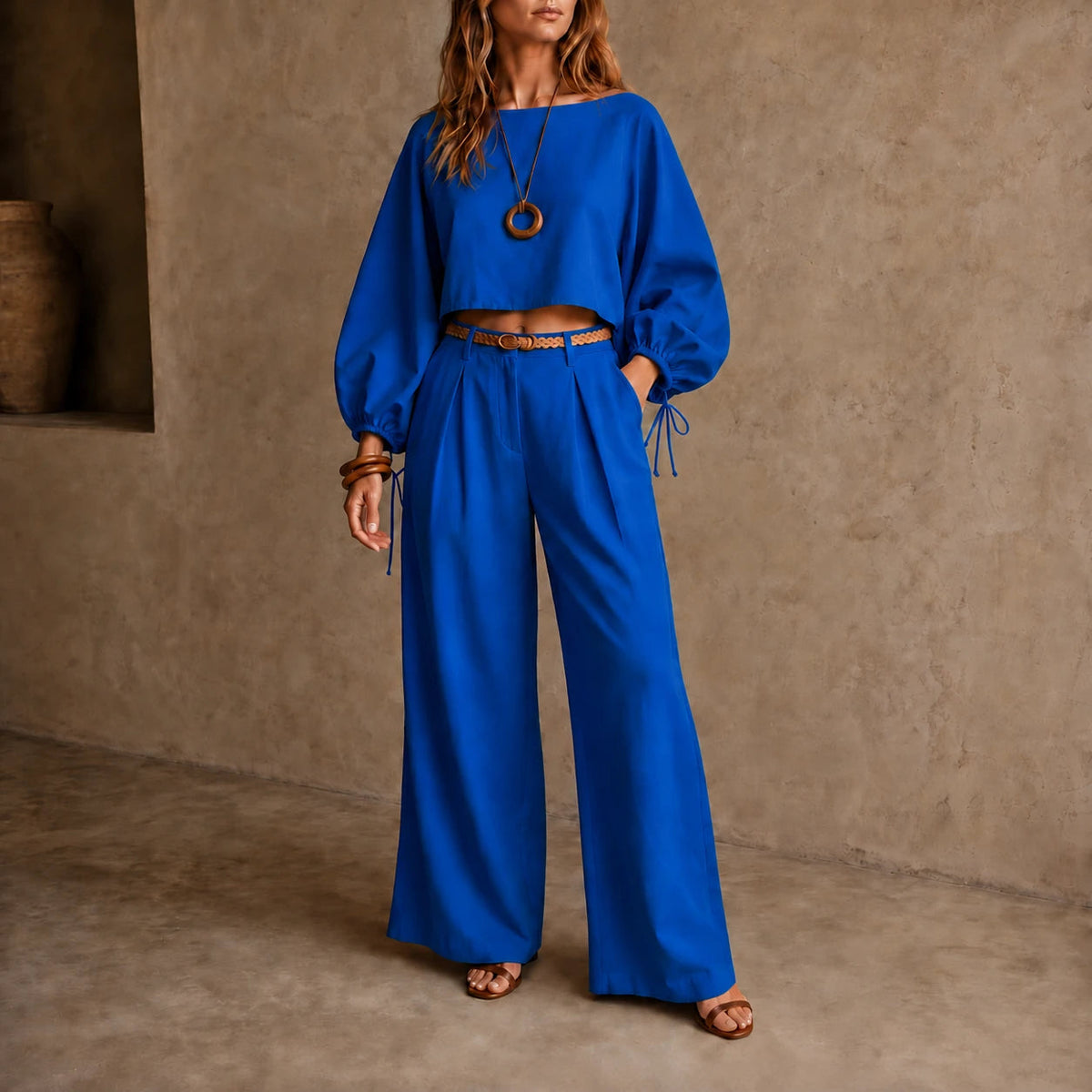 Women's Crop Top and Wide-Leg Pants | Clothing Sets - Blue