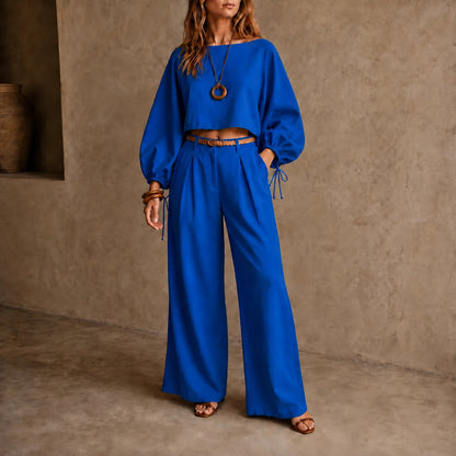 Women's Crop Top and Wide-Leg Pants | Clothing Sets - Blue