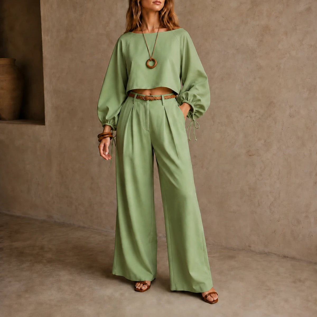 Women's Crop Top and Wide-Leg Pants | Clothing Sets - Green