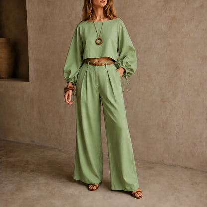 Women's Crop Top and Wide-Leg Pants | Clothing Sets - Green
