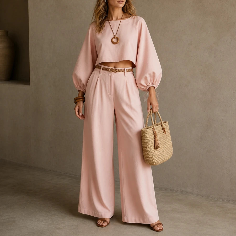 Women's Crop Top and Wide-Leg Pants | Clothing Sets - Pink