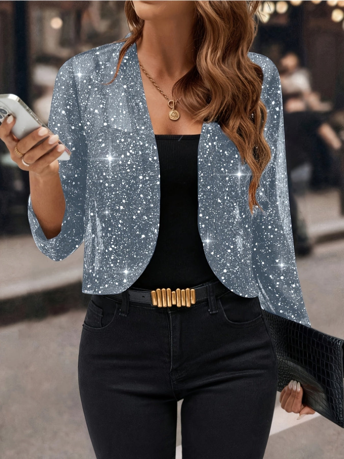 Women's Cropped Shimmer Blazer | 3/4 Sleeve Open-Front Jacket