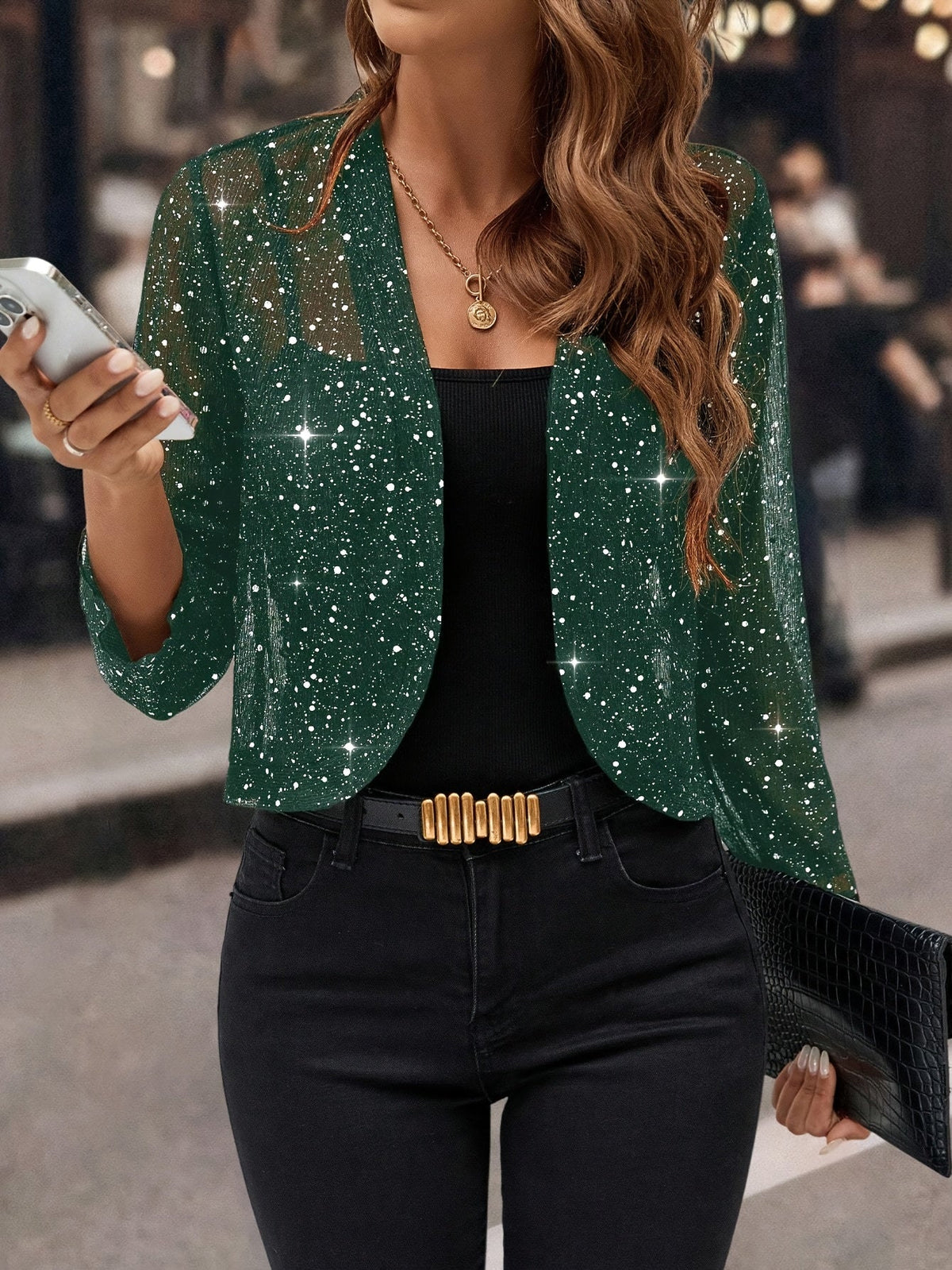 Women's Cropped Shimmer Blazer | 3/4 Sleeve Open-Front Jacket