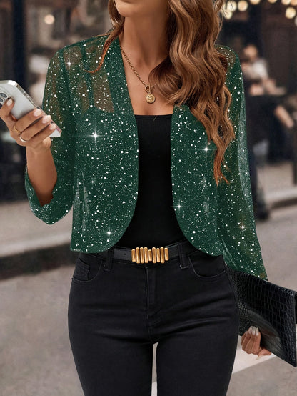 Women's Cropped Shimmer Blazer | 3/4 Sleeve Open-Front Jacket
