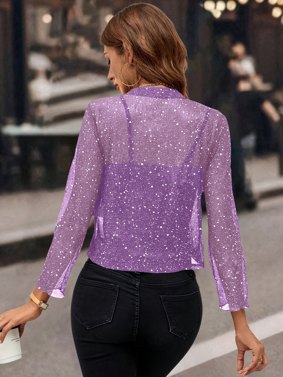 Women's Cropped Shimmer Blazer | 3/4 Sleeve Open-Front Jacket