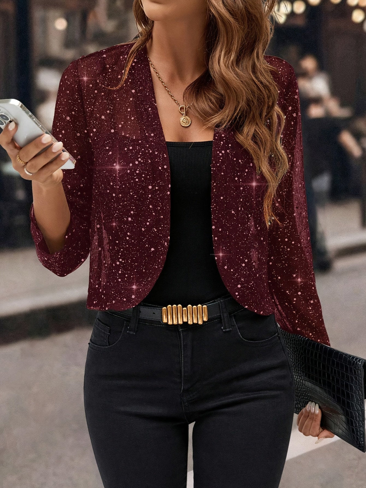 Women's Cropped Shimmer Blazer | 3/4 Sleeve Open-Front Jacket