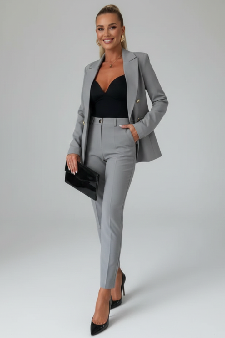 Women's Double-Breasted Blazer & Trousers Set | Tailored Suit - Gray