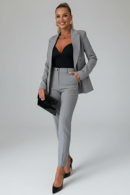 Women's Double-Breasted Blazer & Trousers Set | Tailored Suit - Gray