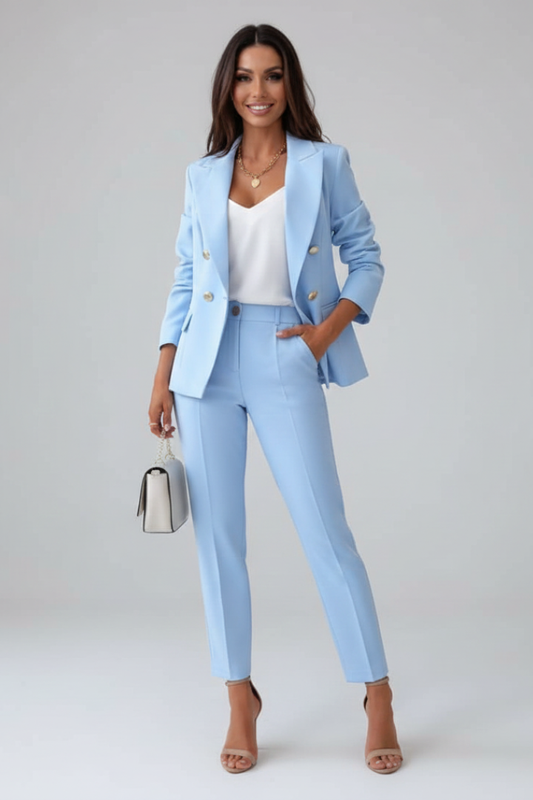 Women's Double-Breasted Blazer & Trousers Set | Tailored Suit - Light Blue