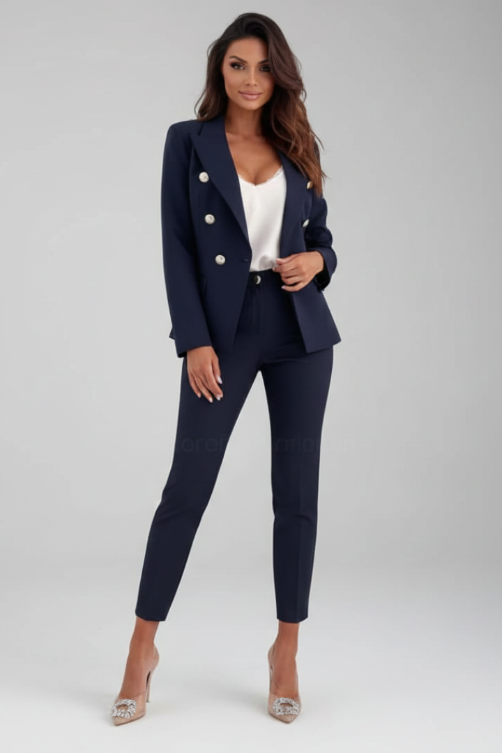 Women's Double-Breasted Blazer & Trousers Set | Tailored Suit - Navy Blue