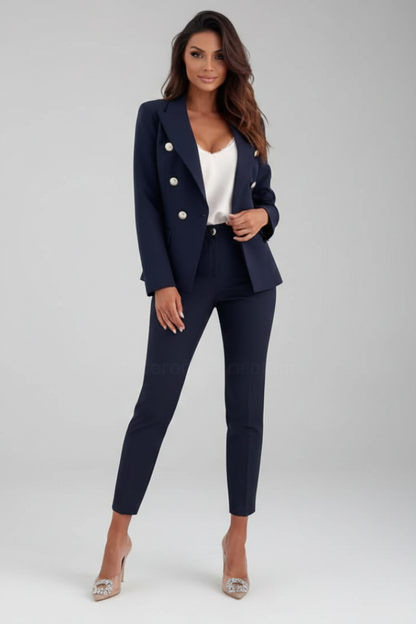 Women's Double-Breasted Blazer & Trousers Set | Tailored Suit - Navy Blue