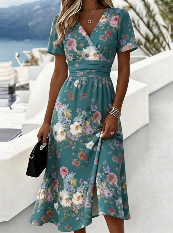 Women's Floral Midi Dress | Wrap Dress with Sleeves - Green