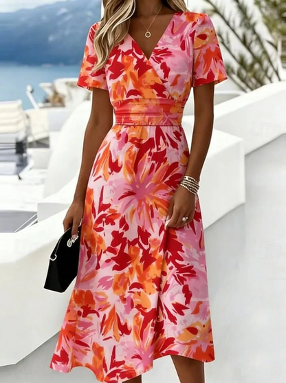 Women's Floral Midi Dress | Wrap Dress with Sleeves - Orange
