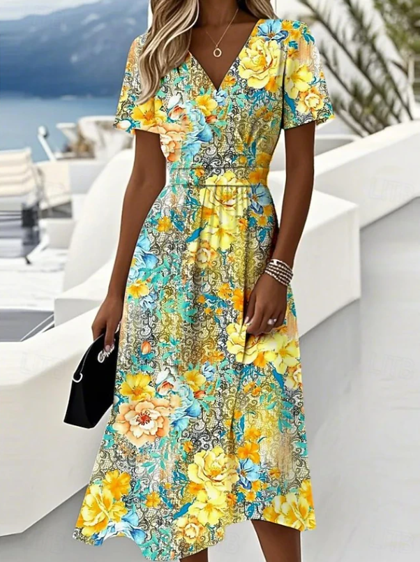 Women's Floral Midi Dress | Wrap Dress with Sleeves - Yellow