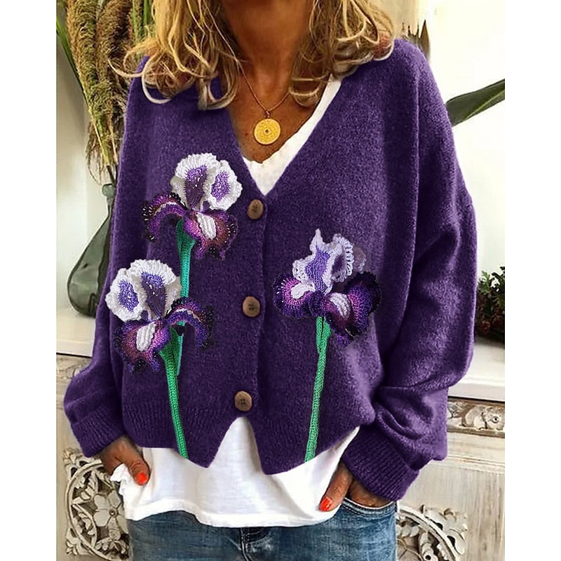 Women's Floral Open-Front Cardigan | Lightweight Layering Sweater - Purple