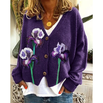 Women's Floral Open-Front Cardigan | Lightweight Layering Sweater - Purple
