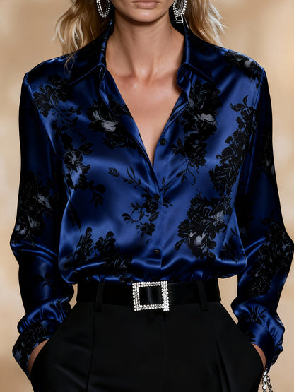 Women's Floral Print Blouse | Button-Front Collar Shirt - Navy Blue