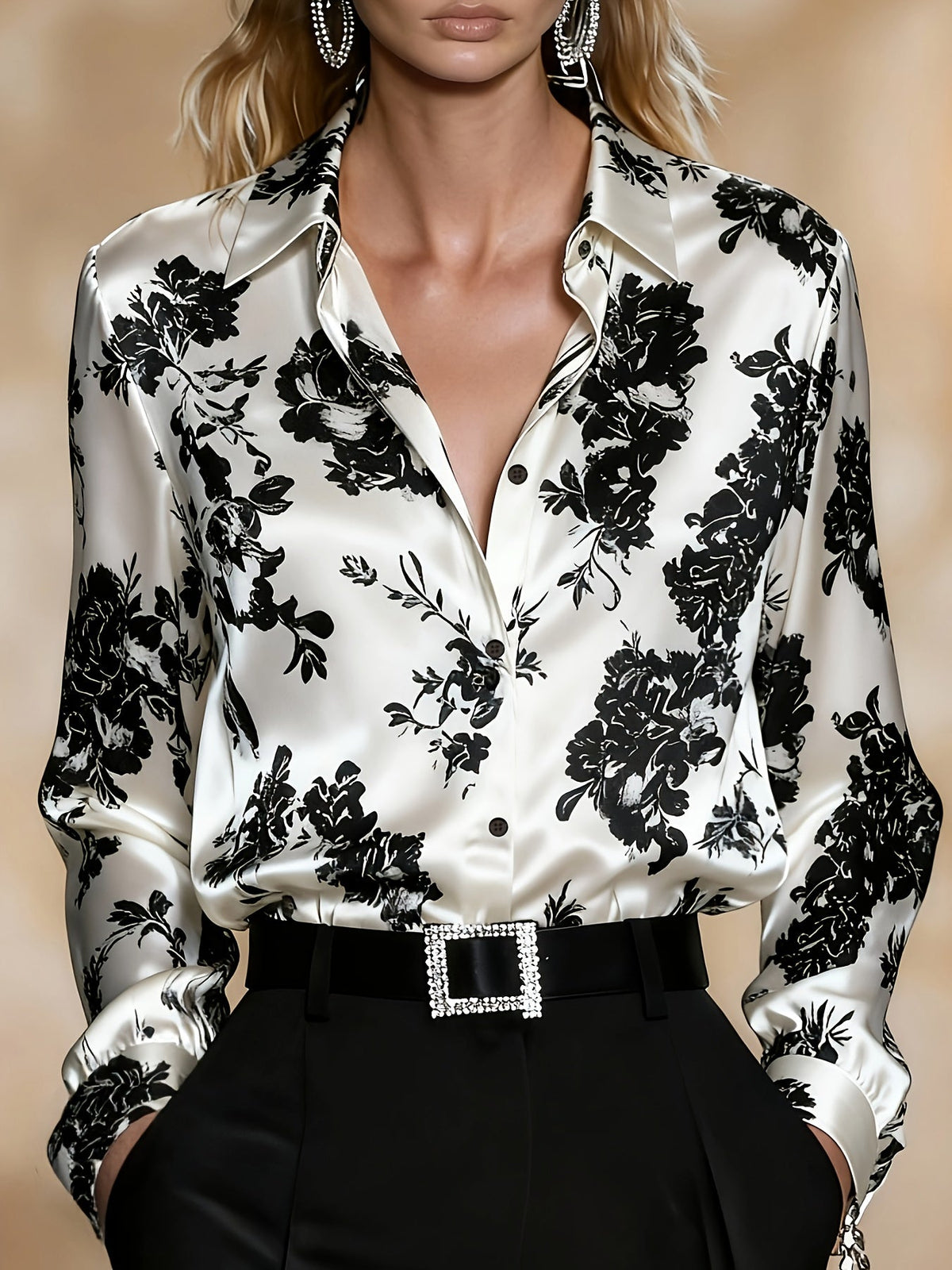 Women's Floral Print Blouse | Button-Front Collar Shirt - White