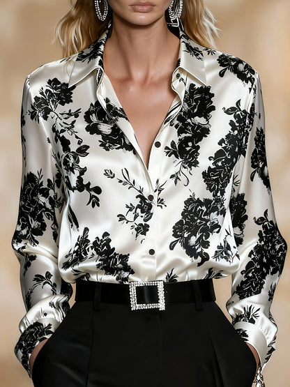 Women's Floral Print Blouse | Button-Front Collar Shirt - White