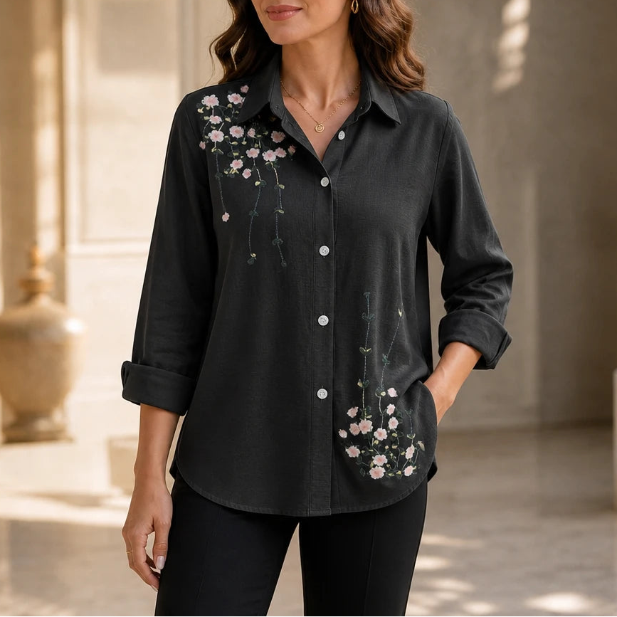 Women's Floral Print Long-Sleeve Blouse | Casual Shirts - Black