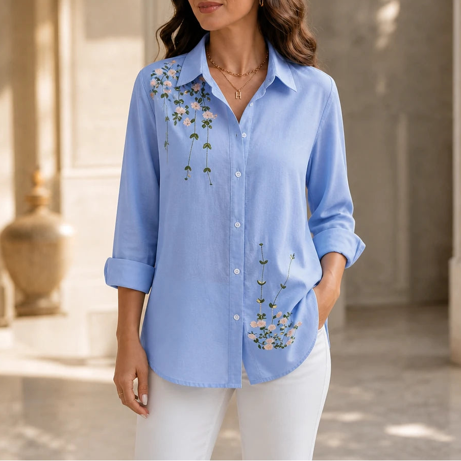 Women's Floral Print Long-Sleeve Blouse | Casual Shirts - Light Blue
