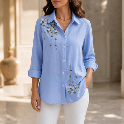 Women's Floral Print Long-Sleeve Blouse | Casual Shirts - Light Blue
