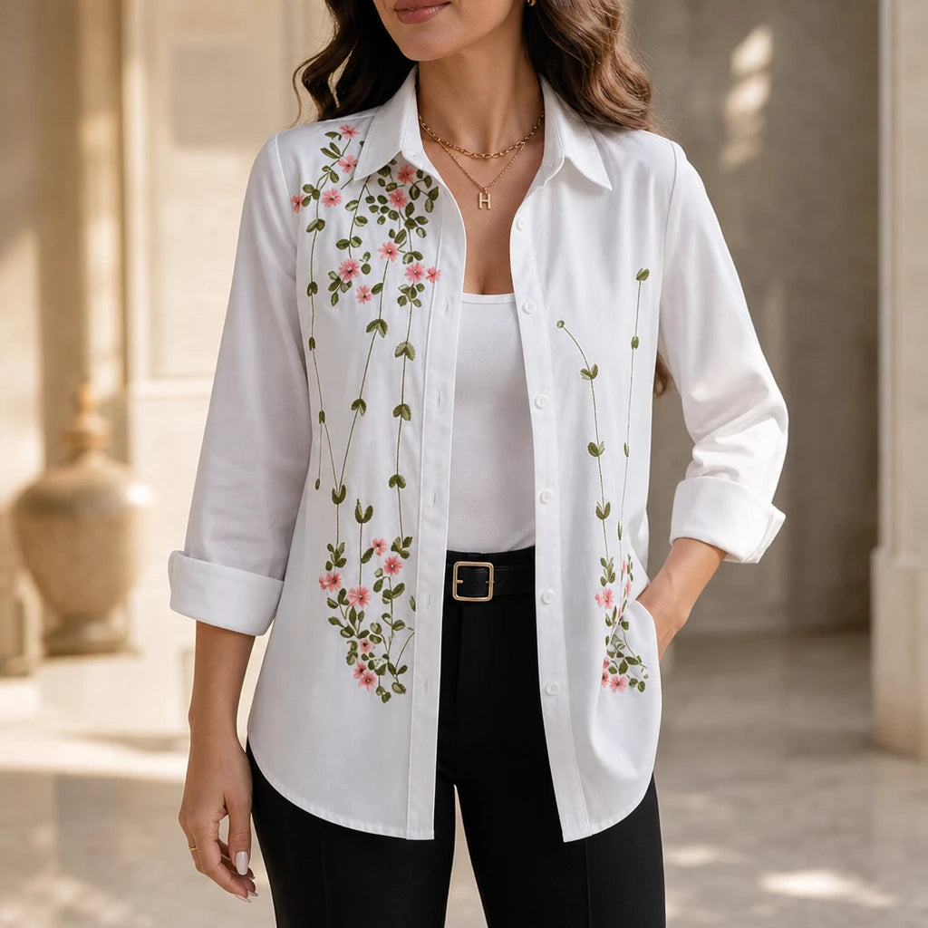 Women's Floral Print Long-Sleeve Blouse | Casual Shirts - White